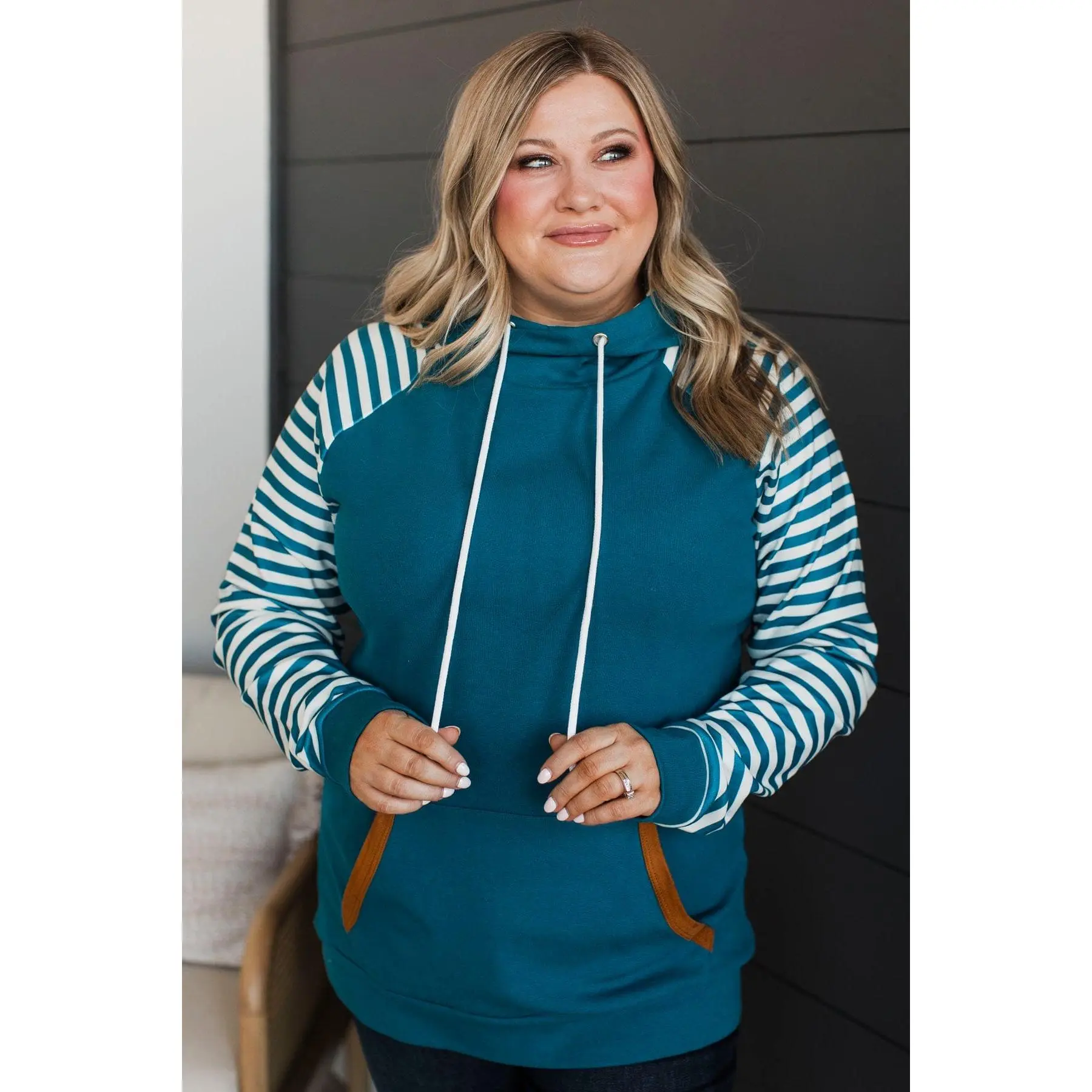 Women's Long Sleeve Striped Kangaroo Pocket Pullover Hoodie - Teal, Drawstring Closure, Soft Knit Fabric Sweatshirt, Sweatshirts, Fit, Casual, Lightweight, Cotton, Tops, Longsleeves, Contrast Pockets, Clothes, Standard Sizes, Stretch True-Fit