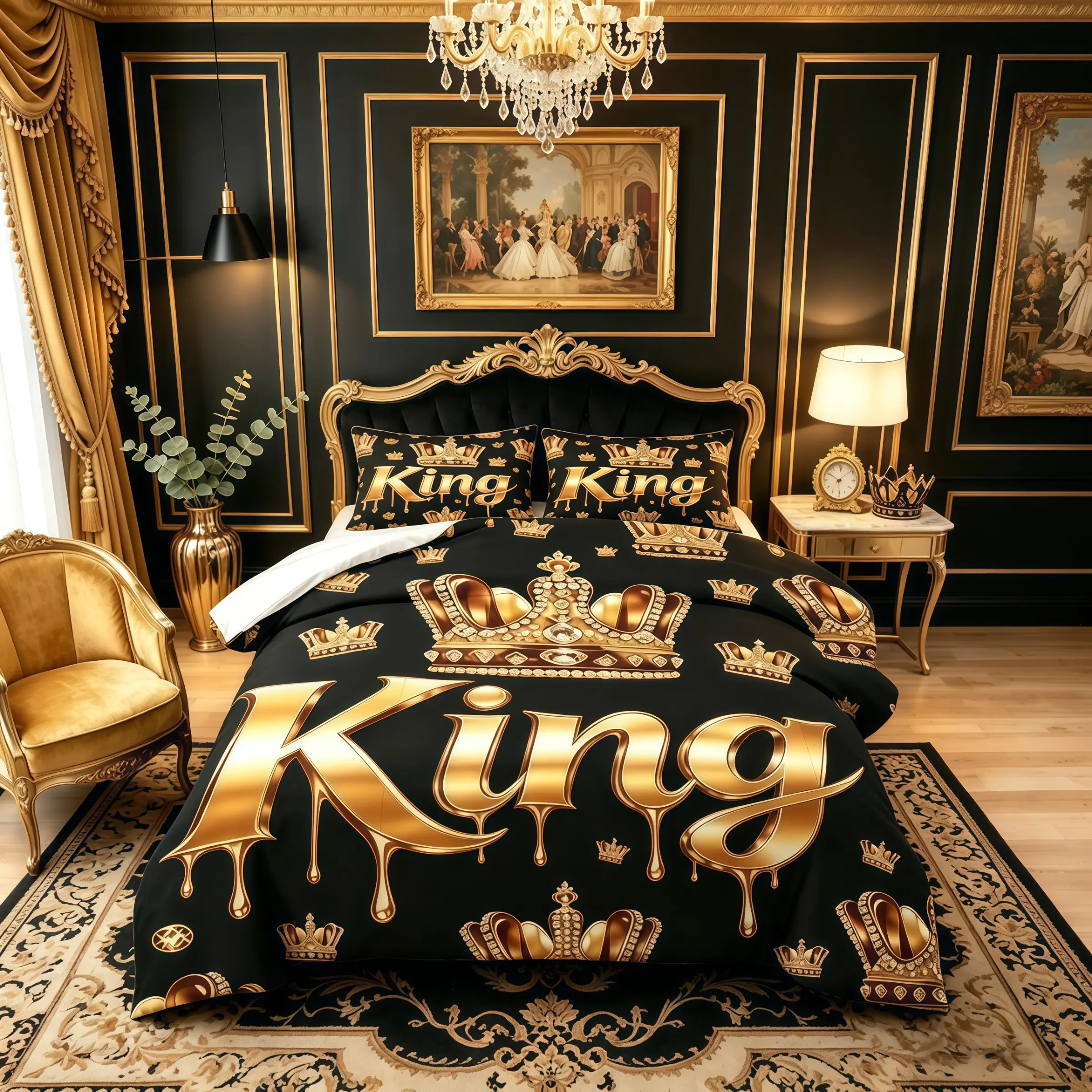 King's Crown Pattern Comforter Set, Light Luxury Black Gold Royal Style Decorative Theme Bedding Set (1 Comforter + 1/2 Pillow Case, No Pillow Core), Suitable For Teenagers And Adults, Guest Rooms, Dormitories, Master Bedroom Scenes, Bed Sets