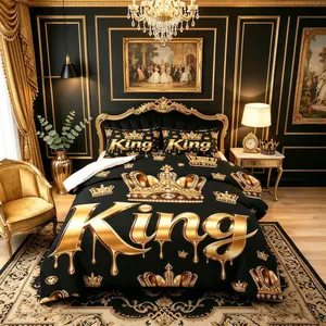 King's Crown Pattern Comforter Set, Light Luxury Black Gold Royal Style Bedding Set (1 Comforter + 1/2 Pillow Case, No Pillow Core), Suitable For Teenagers And Adults, Guest Rooms, Dormitories, Master Bedroom Scenes