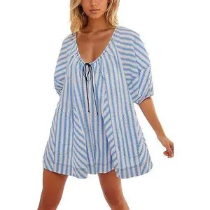 Summer Rompers for Women Striped Puff Sleeve Mini Shorts Romper Dress V Neck Jumpsuits Boho Beach Vacation Outfits Striped Oversized Romper with Pockets