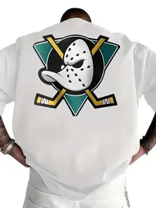 Vintage Giant Duck Team Logo Print T-Shirt, Retro Hockey Style Top, Soft Daily Wear, Long Slim-Fit Casual Tee for All Seasons