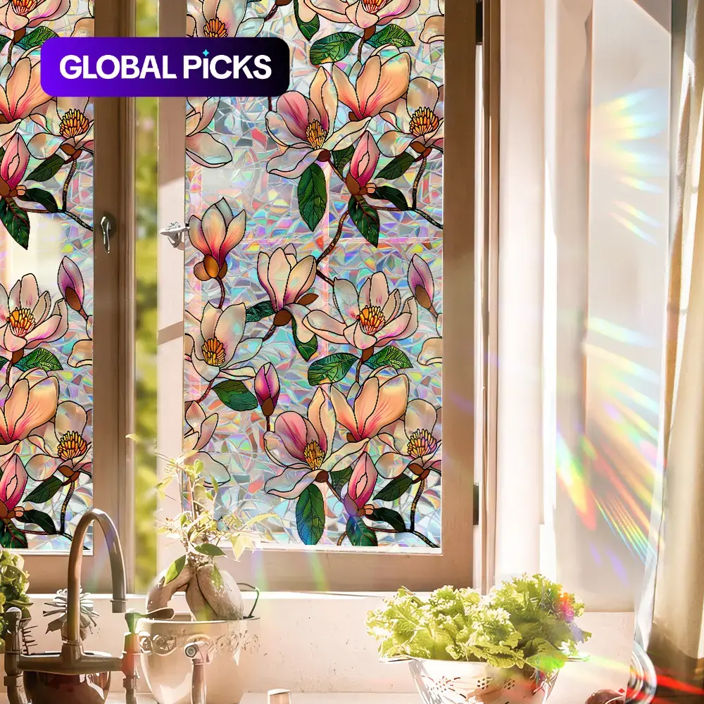Vibrant Magnolia Moon Crescent Stained Glass Window Film, Decorative Window Film, Removable PVC Static Cling Decor, Easy-Install Window Privacy Film, Removable Window Decal for Home Interior #GLOBAL PICKS