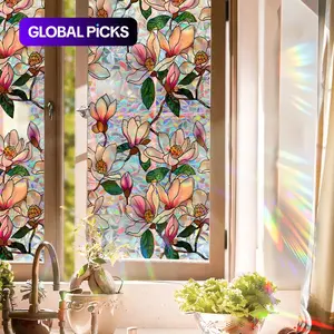 Vibrant Magnolia Moon Crescent Stained Glass Window Film, Removable PVC Static Cling Decor, Stylish Home Interiors, Easy Installation, Window Privacy Film, Removable Window Decal #GLOBAL PICKS