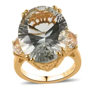 Prasiolite & White Topaz Cocktail Ring in 18k Yellow Gold over Sterling Silver 19.35ctw