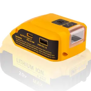Battery USB Charger Adapter for Dewalt 14.4V / 18V / 20V Power Tool Lithium Ion Battery High Output Battery with DC Port & LED Work Light & USB Charger Type C for Work RV Camping Travel Power Converter