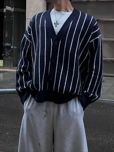 Men's Vintage Striped Jacquard Cardigan, Long Sleeve V Neck Button Front Sweater, Casual Loose Fit Knitwear for Spring Fall Winter