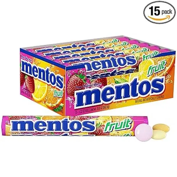 Mentos Candy, Mint Chewy Candy Roll, Fruit, Non-Melting, Holiday, Party, Concessions, Office, 14 Pieces (Bulk Pack of 15) - Packaging May Vary
