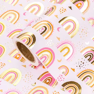 Metallic Gold Foil Rainbow Gift Wrap Paper, Sweet Moon and Heart Theme, Ideal for Girl Birthday Party, Bride Shower, DIY Craft Decor, 43.2cm X 500cm