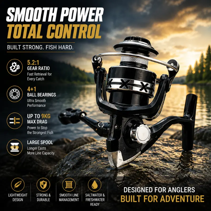 Smooth Power Total Control Fishing Reel 5.2:1 Gear Ratio 4+1 Ball Bearings Up to 9KG Max Drag Large Spool Lightweight Strong Durable Saltwater Freshwater Ready