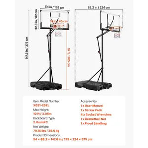 VEVOR Portable Basketball Stand, 10 ft Height Adjustment Basketball Hoop Goal, Portable Basketballs Hoop with 54 inch PC Backboard Wheels for Kids, Teens, Adults in Driveways, Pools, Schools
