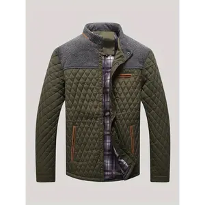 [Stylish Quilted Jacket] Autumn Casual Wear Men's Jacket - Stand Collar, Zip-Up, Long Sleeve, Polyester Blend, Plaid Side Patch, Fall/Winter Outerwear Menswear Coats