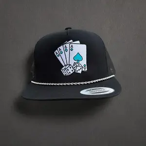 Chained Aces Snapback Hat with Stainless Steel Chain on Brim, Black Color, Featuring Poker Cards Design