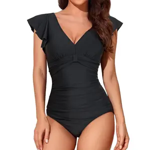 Smismivo Short Sleeve Swimsuits for Women Modest One Piece Bathing Suit Tummy Control Ruffle Cap Tie Front V Neck Swimwear