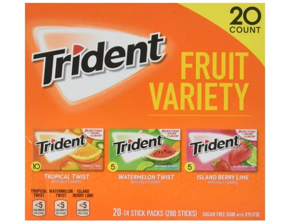 Trident Sugarfree Chewing & Bubble Gum - Fruit Variety, Xylitol, Sucralose, No Added Sugar, Low Calorie Snacks, Fresh Breath, Bulk 20 Packs (14 Sticks Each, 280 Total Sticks, Includes Watermelon Gum)