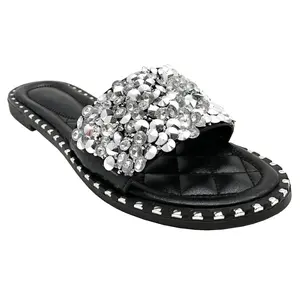 TIA-01 WOMEN'S SPARKLE METALLIC OPEN TOE FASHION FLAT SANDALS SLIP-ON FLIP FLOP