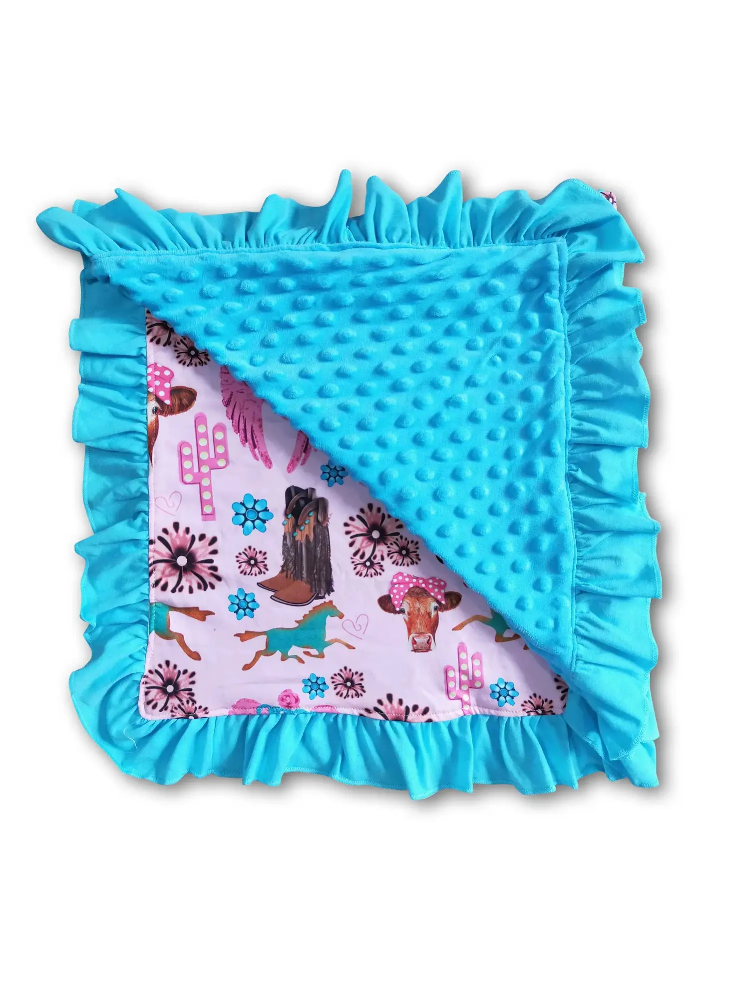 Western Blue Boots Horse Minky Print Kids Blanket Western Blue Boots Horse Minky Print Kids Blanket