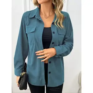 Women's Plain Button Front Pocket Corduroy Blouse, Casual Long Sleeve Collared Top for Fall & Winter, Women's Clothing for Daily WearGift