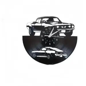 Decorative wall clock featuring a Mustang car theme in a vintage-style vinyl record design