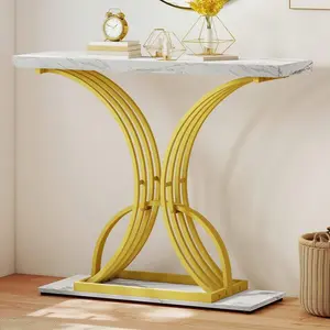 Modern Gold Slim   39" Narrow Behind Sofa ,  , Sleek And Modern Accent  For Living Room, Entryway, Entrance, Faux Marble Mirrored Console Table with Inlay Dining Mobile Standing Desk Wheels