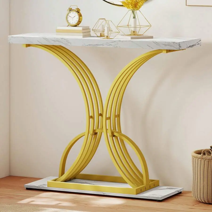 39" Modern Gold Slim Narrow Faux Marble Mirrored Console Table - Anti-Scratch Pads, Mobile Wheels, L-Shape Option, Computer Desk, Side Tables for Living Room Bedroom, Assembly Required