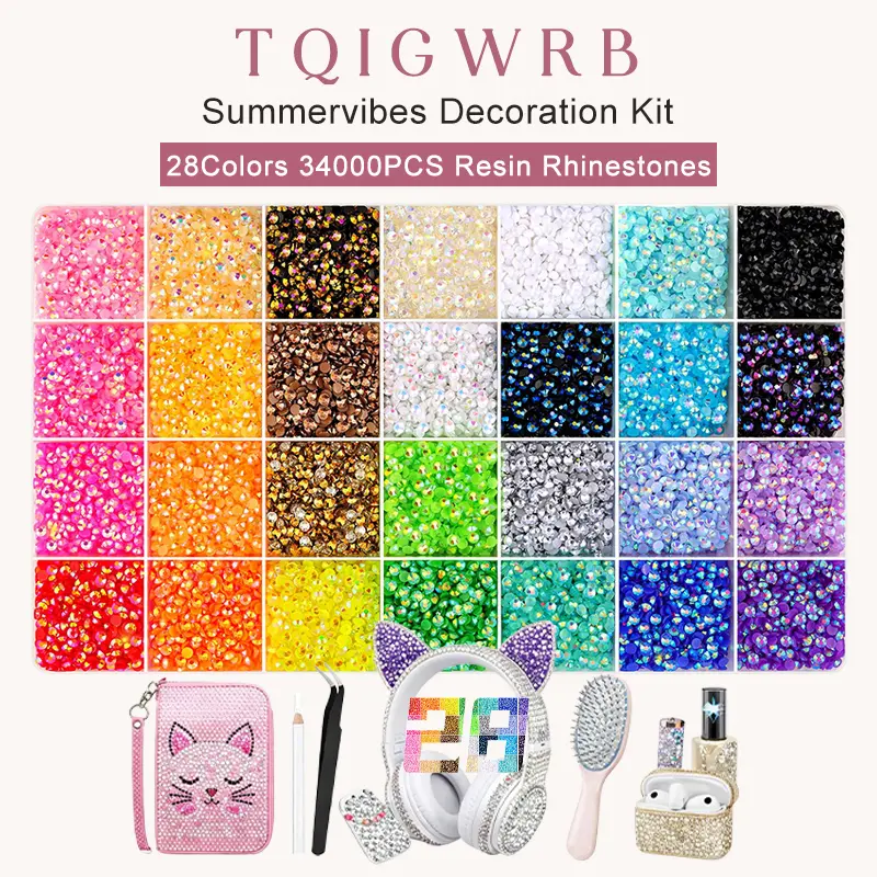 34000Pcs 3mm Flatback Resin Jelly Rhinestones Bulk Multicolor Bedazzling Gems for Nail Art Crafts Tumblers Shoes Clothing, Bedazzler Kit with Tweezers Tools