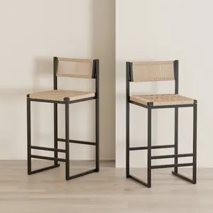 Kitchen Bar Stools with Footrest Set of 2 Paper Rope Weave Dining Chairs Counter Height Barstool (Style B Black & Honey)