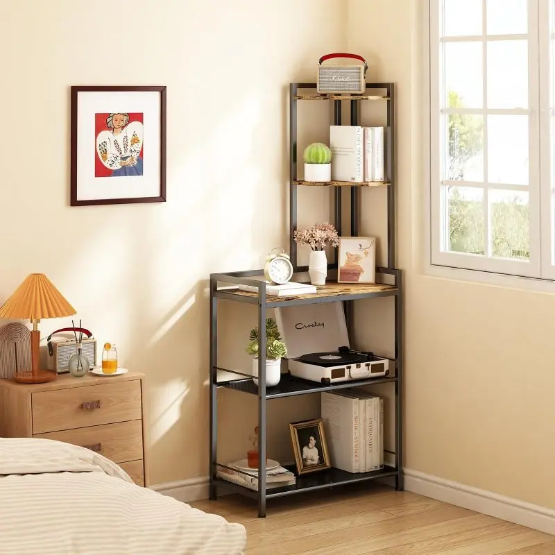 5-Tier Vintage Brown Corner Shelves With Stainless Steel & Wood Multipurpose Storage Shelves With Open Shelves & Doors - Perfect For Living Rooms, Home Offices, Bedrooms, Kitchens - With Towel Rack & Plant Display Space, Corner Shelves