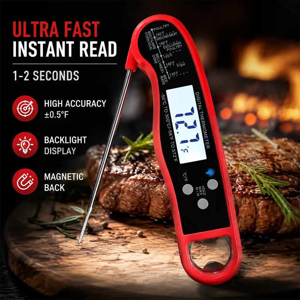 [Essential for Barbecue] Digital Meat Thermometer - Instant 3-second reading with backlit magnetic waterproof feature, foldable stainless steel, suitable for cooking steaks, frying, baking, for cooking utensils, for men as a gift, portable, holiday gift