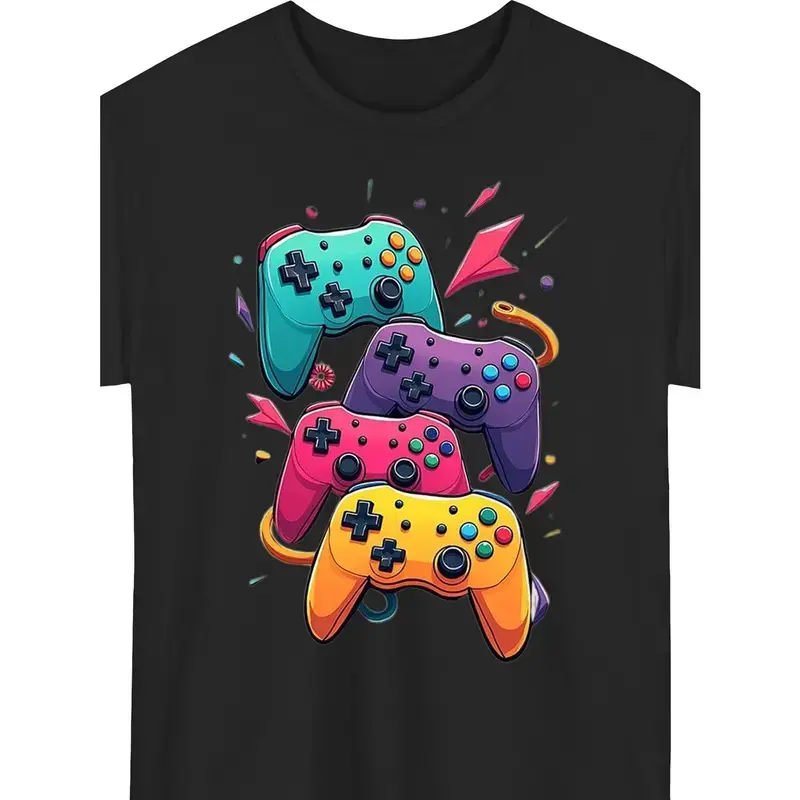 Men's Graphic T-Shirt with Game Controller Print, Soft 100% Cotton Round Neck Short Sleeve Tee for Casual Wear and Fitness, Tops, Shortsleeve, Menswear, Light Stretch, Gamer Look, Clothes, Soft Cotton, Game Print, Basic