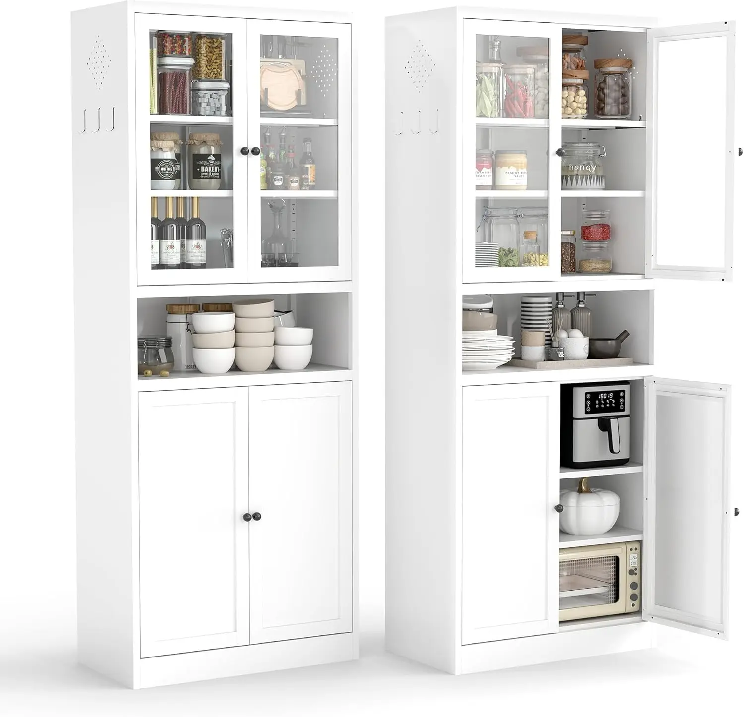 Kitchen Pantry Cabinet,72" White Pantry Storage Cabinet with Adjustable Shelves and Glass Doors,Freestanding Cupboard,Metal Pantry Cabinets with Handle for Living Room Kitchen Assembly Required