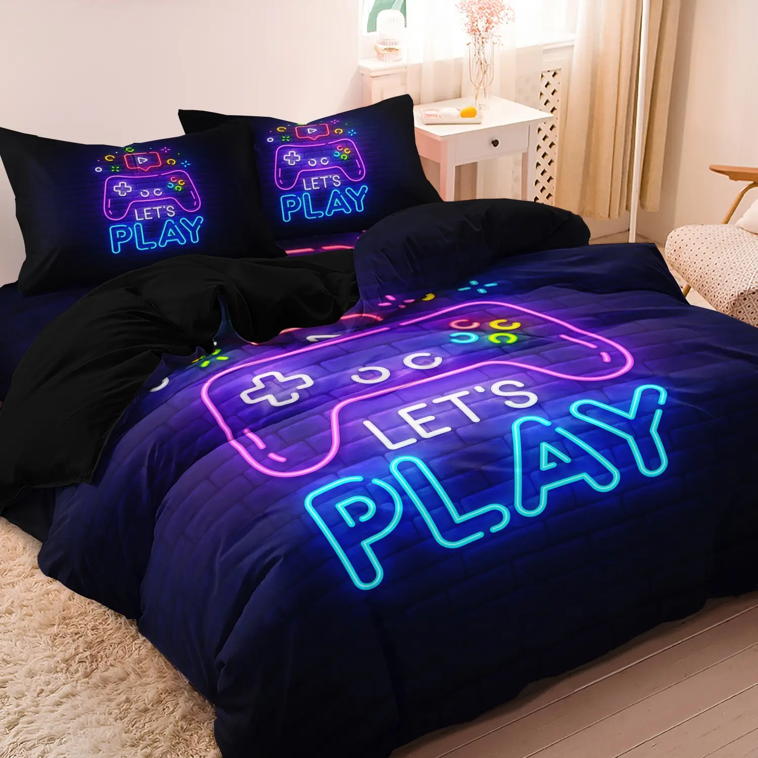 3pcs Gamepad Print Bedding Set, Background Gaming Duvet Cover For Family Bedrooms Dormitories Hotels Bed Sets Supplies (1 Duvet Cover + 2 Pillowcases No Comforter No Pillow)