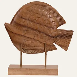 Handmade Wooden Sculpture – Hand Carved Fish Statue, Acacia Wood Decor Gift