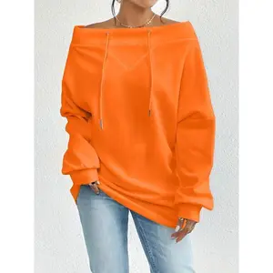 2025 New Women's Casual Off-Shoulder Pullover Sweatshirt Solid Color Polyester Knit Fabric with Slight Elastic Drawstring Detail Loose Fit Suitable for Spring and Autumn Hoodie