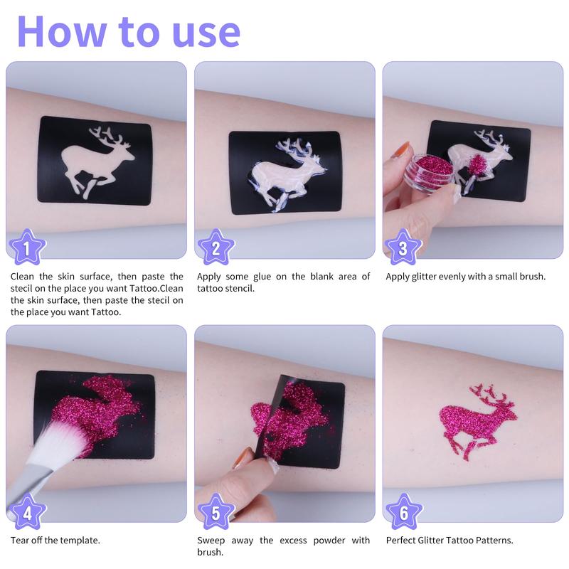 Temporary Glitter Tattoo Kit for Kids & Adults, 42 Glitter & 6 Fluorescent Color, 209 Stencils, 4 Glue, 5 Brushes, 1 Diamond Sticker, Safe & Easy Removal Face Body Art Birthday Party Supplies