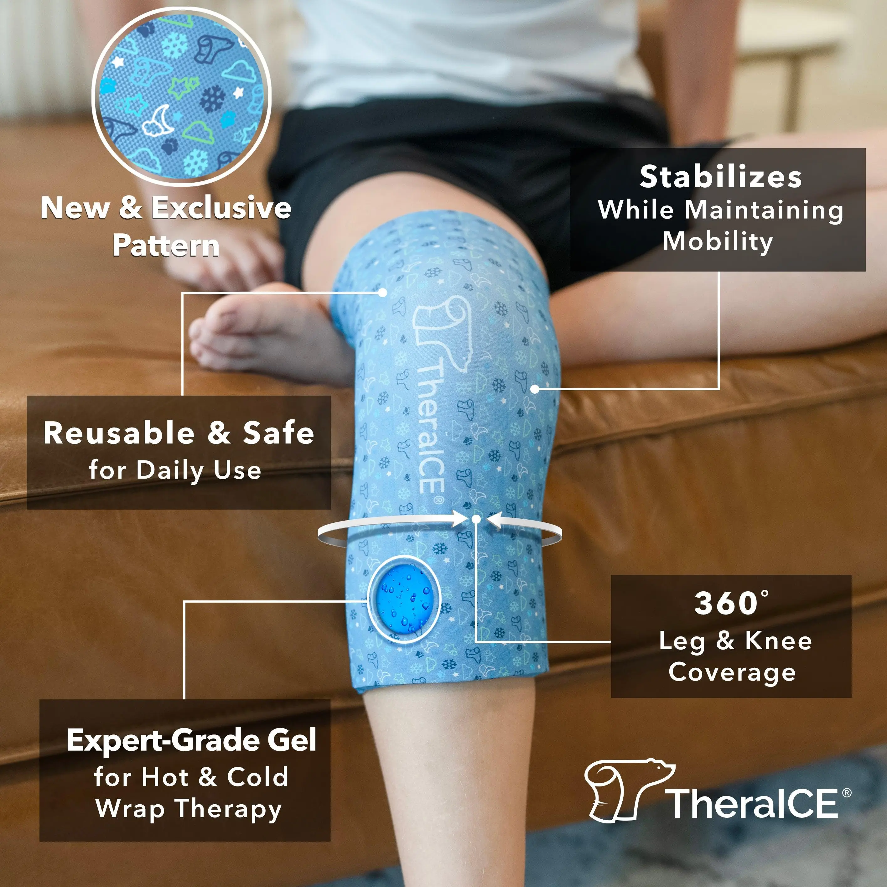 TheraICE | Hot & Cold Knee Compression Sleeve Junior with Patella Strap for Junior Use Comfortable Fit Unique Pattern