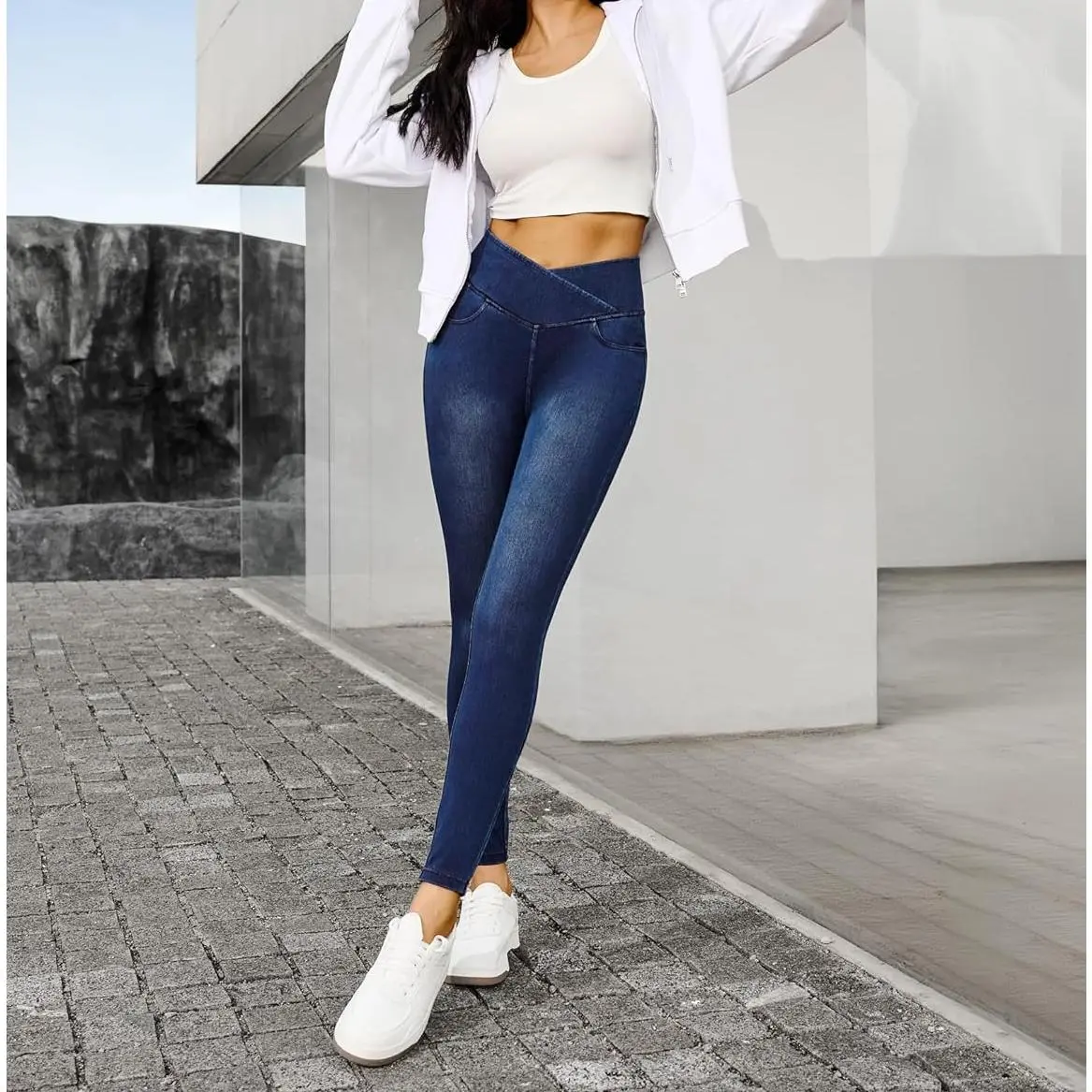 Women's Stretchy High-Waisted Denim Jeggings - Tummy Control, Skinny Pull-On Pants with Pockets, Spandex Elastic Slim Fit Jeans, Casual Streetwear Essential for Sweaters & Blouses