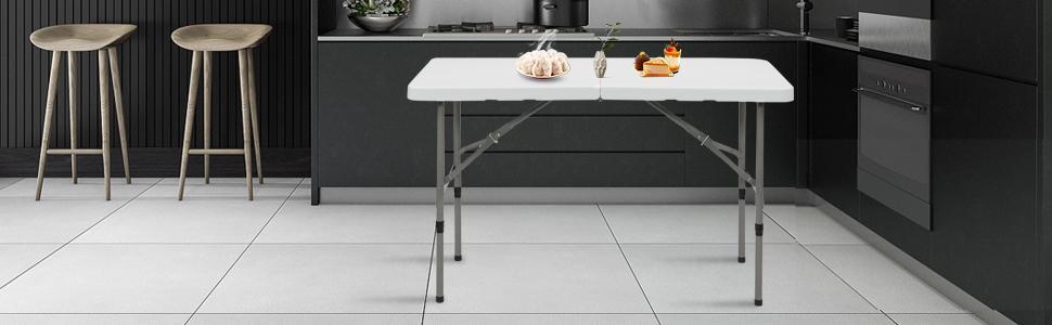 VINGLI 4 FT Plastic Folding Camping Table,3-Level Adjustable Height, Portable in/Outdoor Party Picnic Dining Desk,Off-White Garden Soccer Multipurpose Entertaining Activities, Black,White