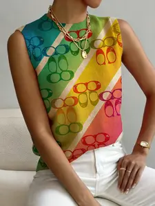 Women's Geometric Stripe Color Block Printed Small Stand Collar Fitted Sweater, Sleeveless Short Knitted Top for Autumn & Winter, Comfortable, Chic, Casual and Versatile Daily Wear, Spring