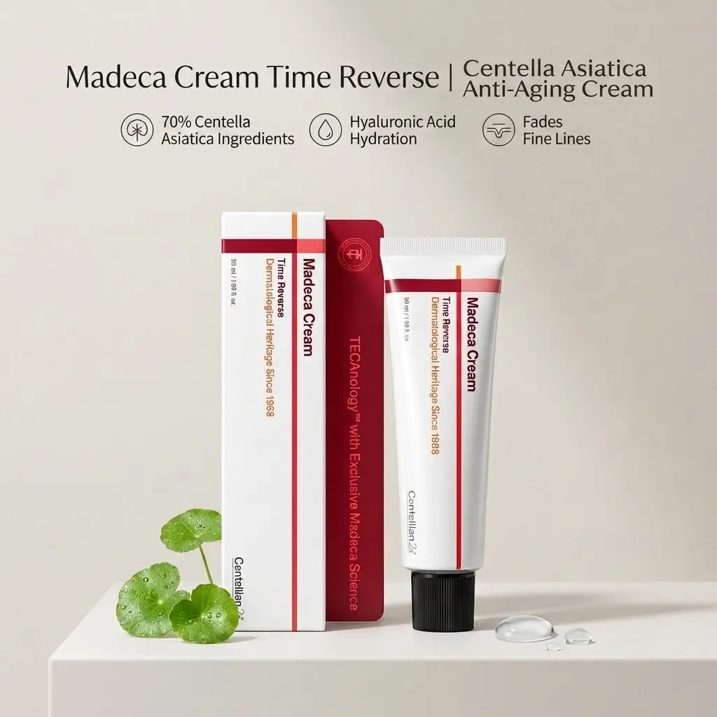Madeca Time Reverse Cica Cream, Anti-Aging Moisturizer with Hyaluronic Acid for Wrinkles & Dry Skin, Korean Skincare, 1.69 fl.oz