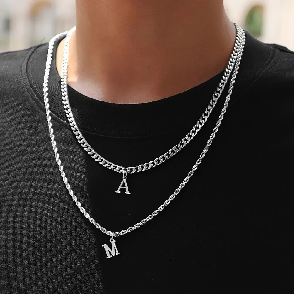 Hot Classic A-Z Letter Pendant Necklace Men Simple Stainless Steel Cuban Rope Chain Necklace For Men Jewelry Gift
