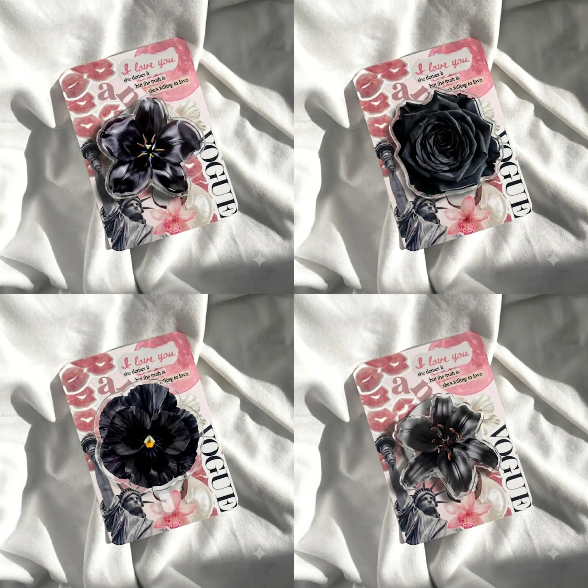 Black Flower Acrylic Phone Grip, Gothic Floral Phone Holder, Moody Dark Coquette Accessory, Elegant Spooky Gift for Her, Readers and Floral Lovers