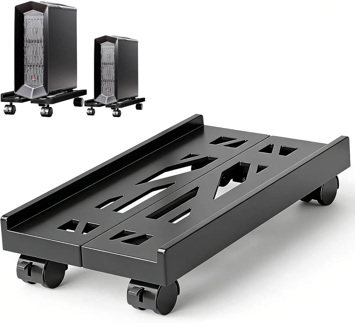 Black Metal Alloy Steel Adjustable PC Tower Stand with 4 Casters - Under Desk Floor Cart Riser, Non-Painted, Manual Repositioning, Durable, Ventilated Base, Airflow Boost, Dust Protection, Extends Tower Life, Fits Most Gaming Rigs & Computers for Students