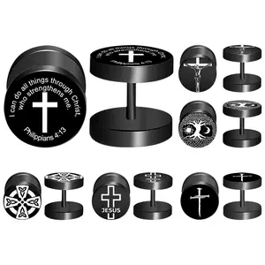 Cross Dot Earrings Set: 6 Pairs Mens Religion Jesus Fake Gauge Black Stud Punk Flat Back Faux Gauges Stainless Steel Earrings