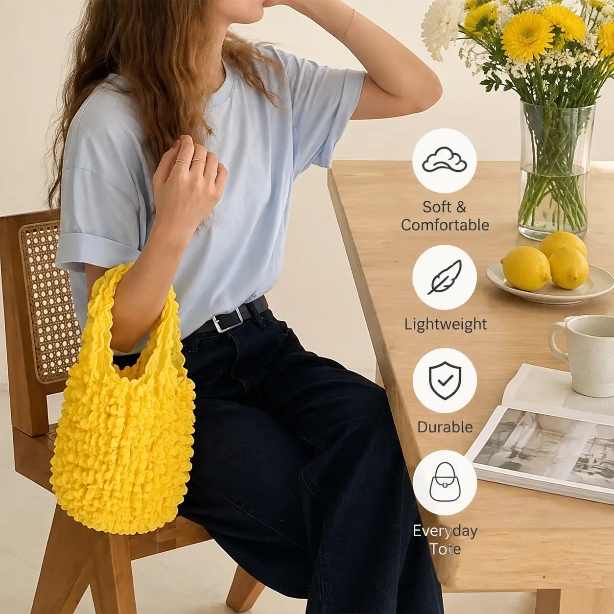 1 Count, Yellow Ruched Popcorn Textured Shoulder Handbag, Small Soft Tote Purse for Daily Casual Outings for Women