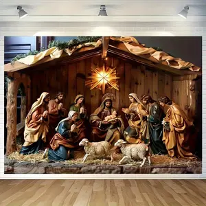 Extra Large Christmas Nativity Scene Backdrop, Jesus Birth with Mary/Joseph/Shepherds/Lamb, Starry Night Sky Design, Lightweight Polyester No Electricity Needed for Church/Home/Photo Booth/Live Streaming Banners White