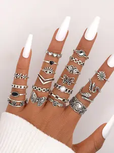 Women's Punk Style Rings (21pcs/set), Fashionable Hollow out & Star & Butterfly & Heart Design Rings, Casual Jewelry for Party, Daily Clothing Decor