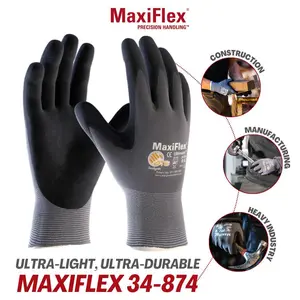 6-12-24 Pairs Maxi Flex PIP 34-874 Safety Gloves | Guantes Para Trabajo - Maxi Flex Gloves For Men Nitrile Micro Foam Grip Palm Comfortable Fit Construction Gear