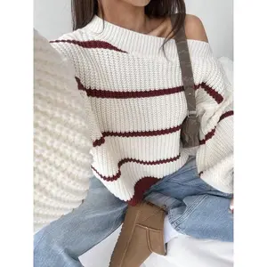 Women’s casual striped off-shoulder sweater, autumn and winter loose knit pullover, multifunctional fashionable outerwear for everyday wear, women’s clothing GARMENTARY