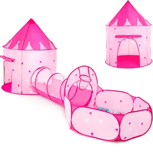 3-Piece Princess Play Tent Set for Girls – Includes Crawl Tunnel and Castle Tents for Indoor & Outdoor Fun (Without Balls)