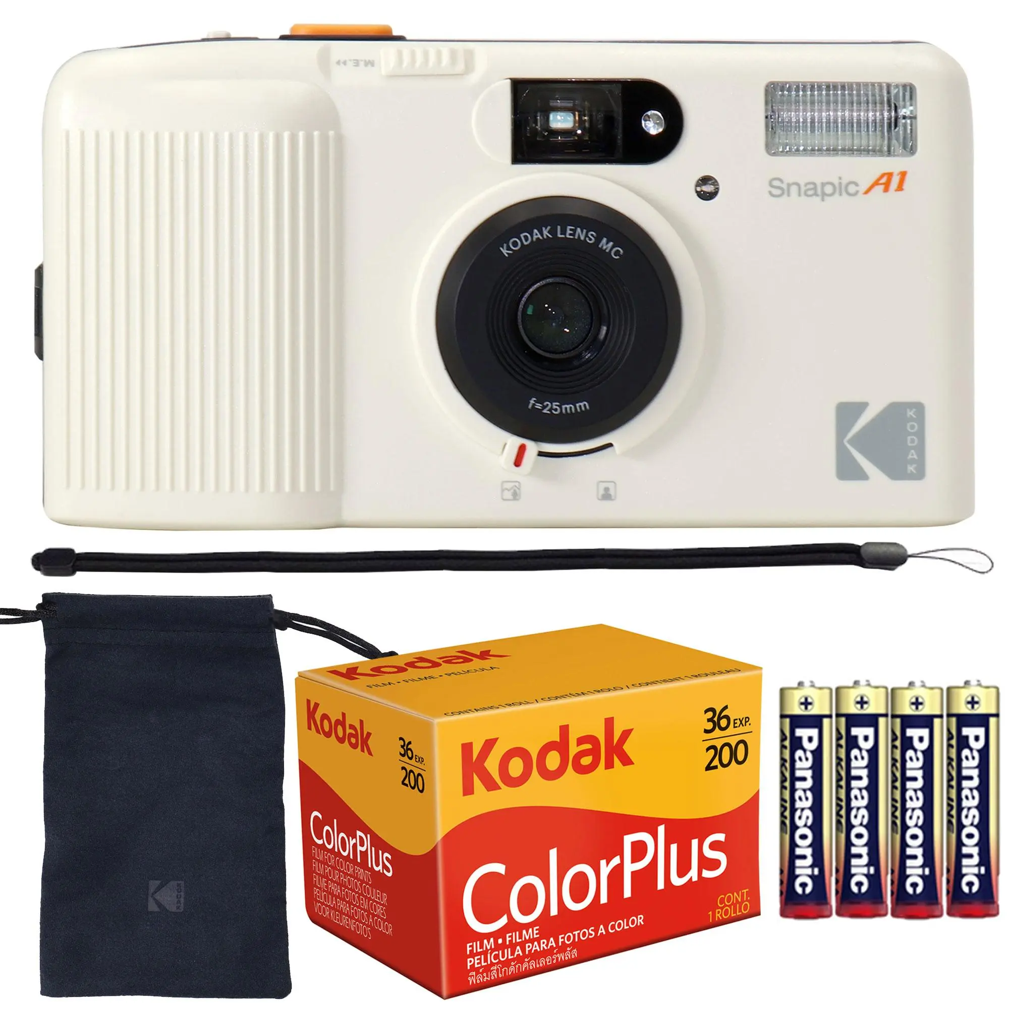 Kodak Snapic A1 35mm Film Camera (Ivory White) with Flash & Lens, Kodak ColorPlus 200 Color Negative Film (35mm, 36 Exposures, 6031470), 4x Alkaline AAA Batteries